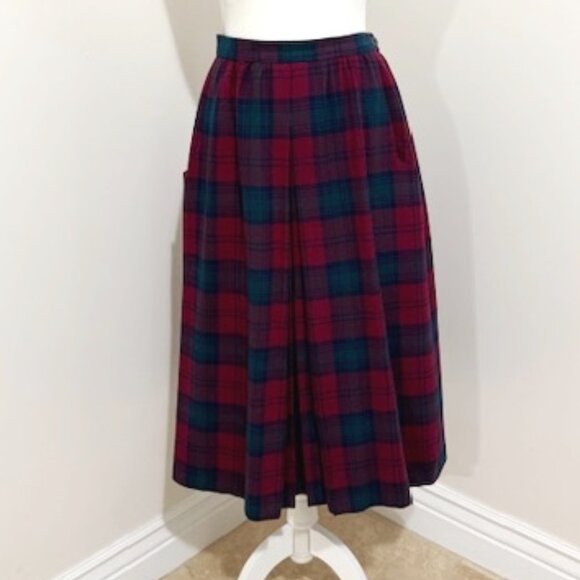 Laird-Portch Vintage Wool Red Green Pleated Plaid Midi Skirt Scotland Size 12 - Picture 1 of 8